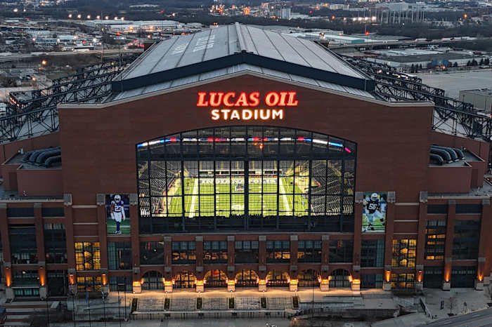 Feb 27, 2024; Indianapolis, IN, USA; A general overall aerial view of Lucas Oil Stadium, the home of the Indianapolis Colts and site of the 2024 NFL Scouting Combine.